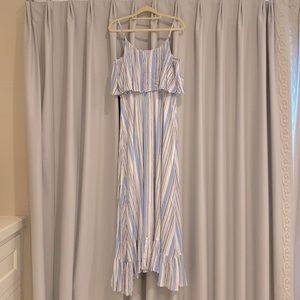 Bump-friendly white and blue striped maxi dress, size M.